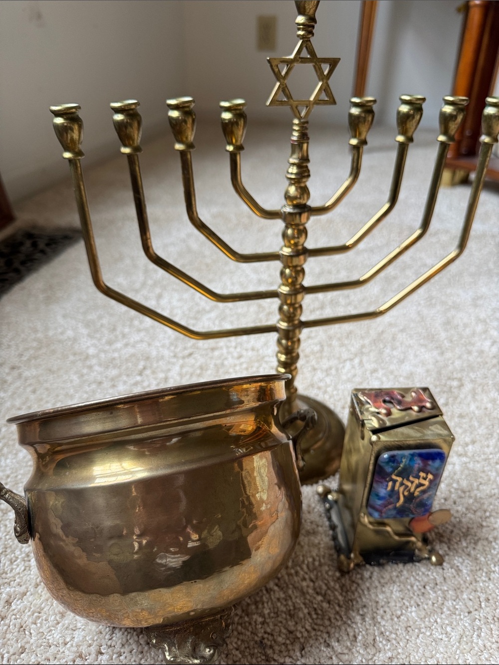 Gold-Tone Menorah Set with Decorative Brass Pot